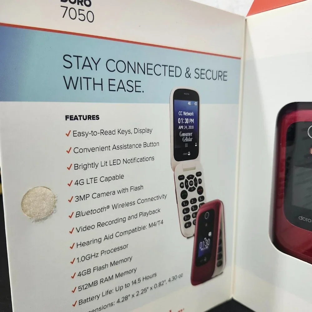 Open Boxed Doro 7050 Classic Flip Phone, Consumer Cellular - Burgandy